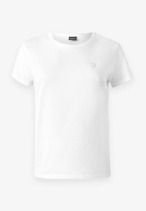 White cotton t-shirt featuring a crew neckline, short sleeves, and a small embroidered logo on the left chest. Smooth texture, casual fit.