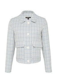 Tweed jas in wit en lichtblauw met een kraaghalslijn, sluiting met knopen aan de voorkant, twee zakken aan de voorkant en een textuurpatroon.