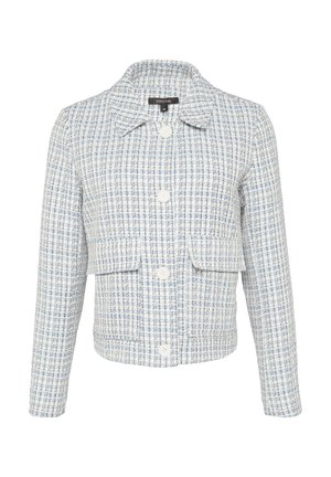 Giacca tweed bianca e azzurro chiaro con colletto, chiusura anteriore con bottoni, due tasche frontali e tessuto a trama testurizzata.