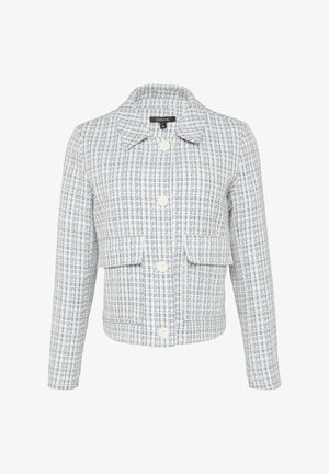 Jasnoszara marynarka tweedowa w białym i jasnoniebieskim kolorze, z kołnierzykiem, zapinana na guziki z przodu, z dwiema przednimi kieszeniami oraz teksturowanym wzorem materiału.