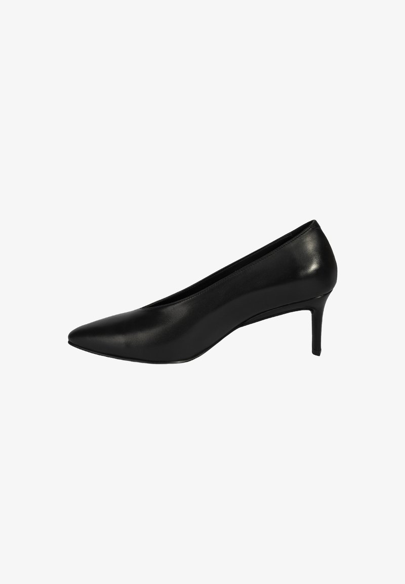 Escarpin noir en cuir à bout pointu avec un design épuré, un talon modéré, une texture lisse et un empeigne sans couture pour une apparence raffinée.