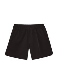 Sorte elastiske shorts med sidelommer, løs pasform og lige kant, vist mod en hvid baggrund.