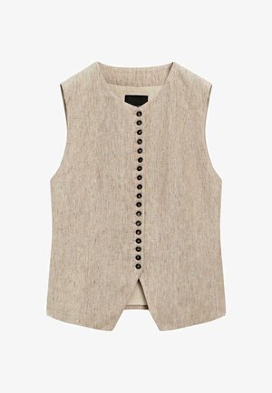 Gilet sans manches en lin beige avec encolure ronde, rangée de boutons noirs à l'avant, et fente à l'ourlet devant.