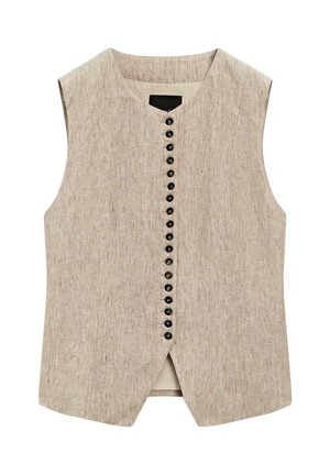 Ärmellose beige Leinenweste mit rundem Ausschnitt, vorderer Reihe schwarzer Knöpfe und vorne einem Schlitz am Saum.