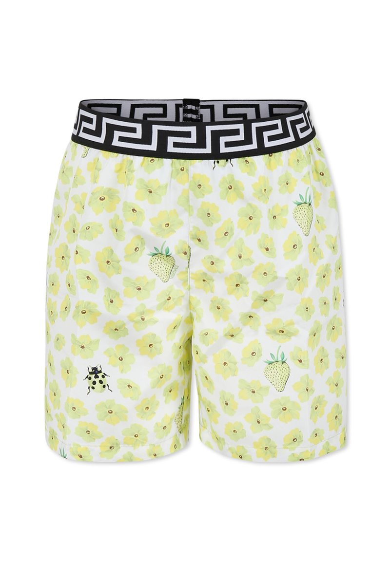 Costumi da bagno da uomo con una base bianca decorata da motivi floreali gialli, fragole verdi e accessori neri su una cintura elastica.