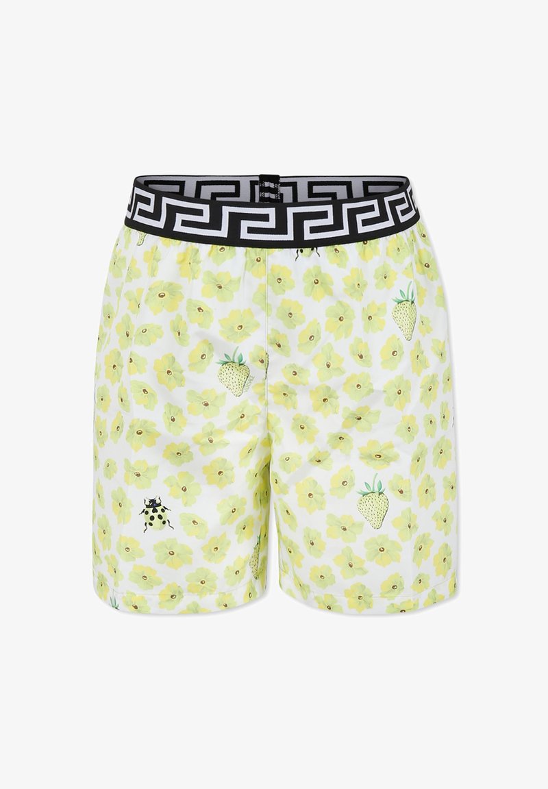 Costumi da bagno da uomo con una base bianca decorata da motivi floreali gialli, fragole verdi e accessori neri su una cintura elastica.