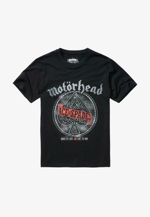 Svart bomullst-shirt med en grafisk design med ett spade-symbol och texten "Ace of Spades" i metallisk silver och röda accenter.
