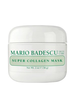 Biały słoik Mario Badescu Super Collagen Mask z zielonym napisem, zawierający 2 uncje (56 g) produktu do pielęgnacji skóry.