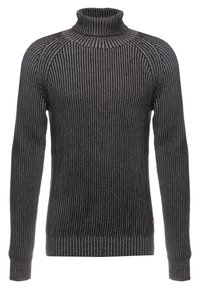 Mörkgrå stickad polotröja med långa ärmar, med kontrasterande vertikala ränder och en figurnära passform, tillverkad av texturerat stickat material.