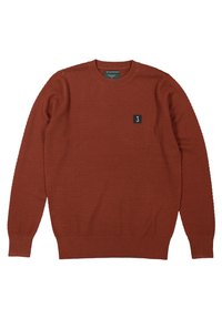 Maglione a maglia color ruggine con motivo testurizzato, collo a giro, e polsini e orlo a costine. Presenta un piccolo logo nero sul petto.