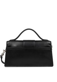 Borsa a mano in pelle nera con una silhouette strutturata, manico superiore e tracolla rimovibile. Presenta una texture liscia e cuciture minime.