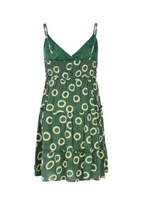 Robe verte sans manches avec bretelles spaghetti, jupe à volants et motif circulaire jaune clair sur toute la surface.
