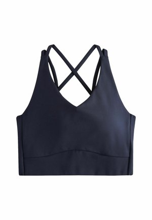 Navyblaue Sport-BH mit V-Ausschnitt und überkreuzten Trägern. Hergestellt aus glattem, dehnbarem Stoff mit nahtlosem Finish.