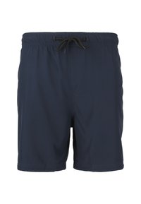 Tummansininen uimapuku, jossa on joustava vyötärö, nauhakiinnitys ja yksi etutasku. Sileä kangas ja yhtenäinen värimuotoilu.