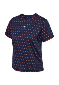 Marinblå t-shirt med geometriskt orange mönster, rund hals, korta ärmar och en liten logotyp på bröstet. Tillverkad av lätt tyg.