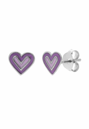Silver stud earrings shaped like hearts with two purple enamel layers, one darker outer heart and one lighter inner heart.
