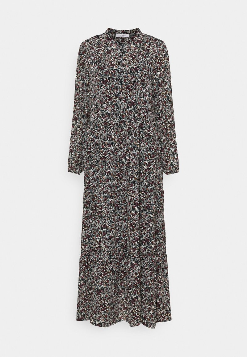 Robe maxi manches longues avec un col haut, présentant un petit motif floral dense dans des tons rouge foncé, blanc et noir.