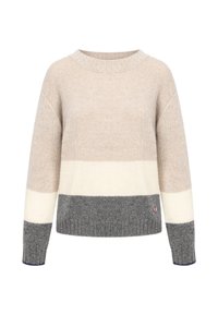 Gebreide trui met beige, crème en grijze horizontale strepen, geribbelde halslijn en manchetten. Kleine logo-accent aan de onderkant.