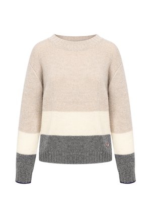 Knit sweater featuring beige, cream, and gray horizontal stripes, ribbed neckline, and cuffs. Small logo accent at the bottom.