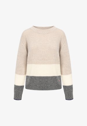 Gebreide trui met beige, crème en grijze horizontale strepen, geribbelde halslijn en manchetten. Kleine logo-accent aan de onderkant.