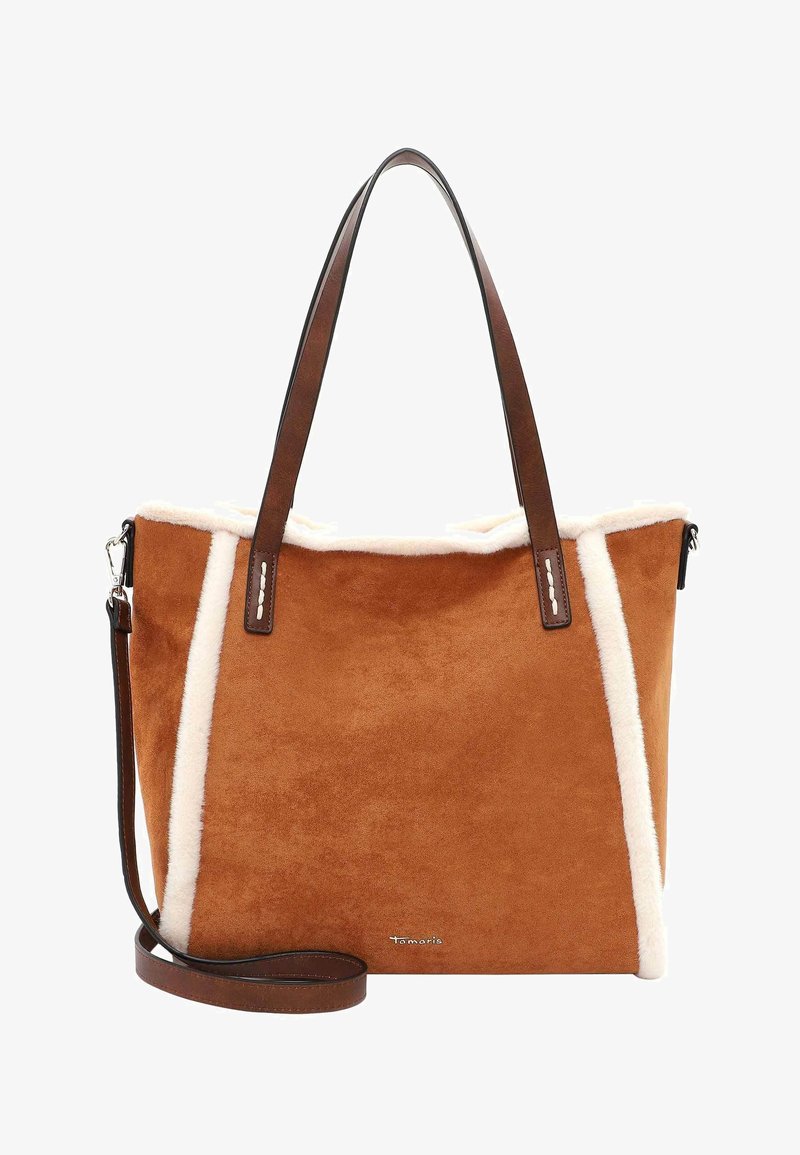 Grand sac cabas en daim marron avec bordure en peau de mouton blanche, deux bretelles d'épaule marron foncé et une bandoulière amovible.