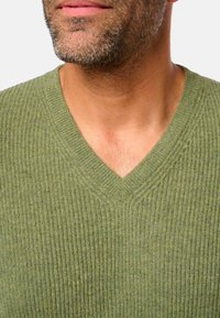 Homme avec une légère barbe portant un pull en V en maille côtelée verte sur fond blanc.