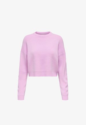 Light purple cropped sweater with a round neck and long sleeves. Features ribbed cuffs and hem, and a textured fabric.