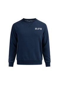 Marineblå sweatshirt lavet af blødt bomuld, med rund halsudskæring, ribbede manchetter og et hvidt trykt logo på brystet.