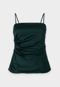 Dark green satin camisole with thin straps, ruched detailing on the side, and a smooth, soft texture. Adjustable fit design.