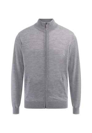 Sivá zipsová bunda s vysokým golierom, dlhými rukávmi a ribovanými manžetami. Mäkká textúra, minimalistický dizajn a bočné vrecká.