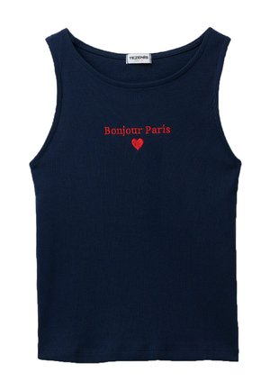 Granatowy prążkowany top bez rękawów z czerwonym haftowanym napisem "Bonjour Paris" i małym czerwonym serduszkiem pod napisem na wysokości klatki piersiowej.