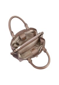 Taupe leren handtas met dubbele handvatten, een ritsvak en een lichte stoffen binnenkant. Kenmerkt zich door een gladde textuur en minimale hardware.