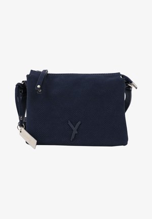 Marineblauwe schoudertas van gestructureerd suede, met een zilveren rits, een verstelbare schouderband en een reliëflogo-accent.