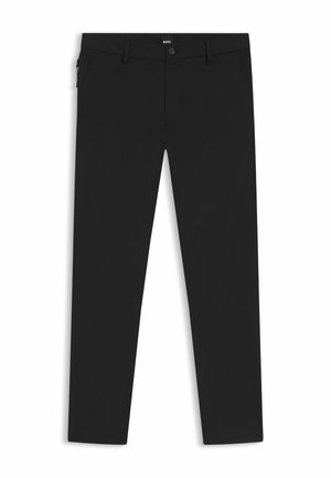 Pantaloni neri aderenti con passanti per cintura, chiusura anteriore con bottone e cerniera, e tasche laterali, mostrati su sfondo bianco.