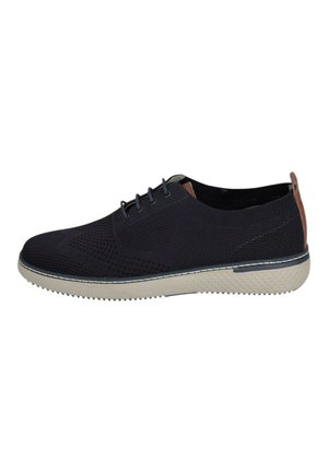 Scarpa nera in maglia con lacci, suola beige e linguetta marrone, caratterizzata da un motivo traforato e suola esterna testurizzata per una migliore presa.