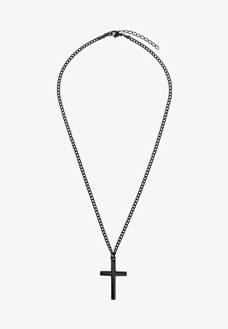Zwart metaal ketting met een matte zwarte kruis hanger. De ketting heeft kleine schakels en een klapsluiting voor een verstelbare lengte.