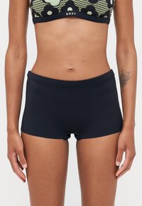 Navy blå svømmedraktshorts med et glatt, elastisk materiale; mid-rise livlinje; tettsittende design; egnet for vannaktiviteter.