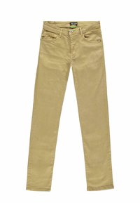 Beige cotton jeans with a straight leg design, featuring front and back pockets, button closure, and subtle branding above the front pocket.