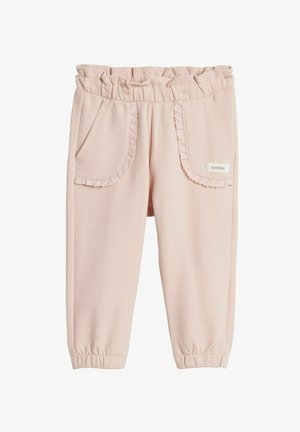 Lyserøde bomuldsbukser med flæset taljebånd, to forlommer med flæsekant og et lille mærke på højre lomme.