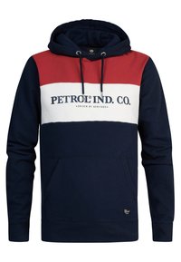 Felpa con cappuccio caratterizzata da un design a blocchi di colore in blu navy, rosso e bianco. Presenta una tasca frontale tipo kangaroo e un logo sul petto.