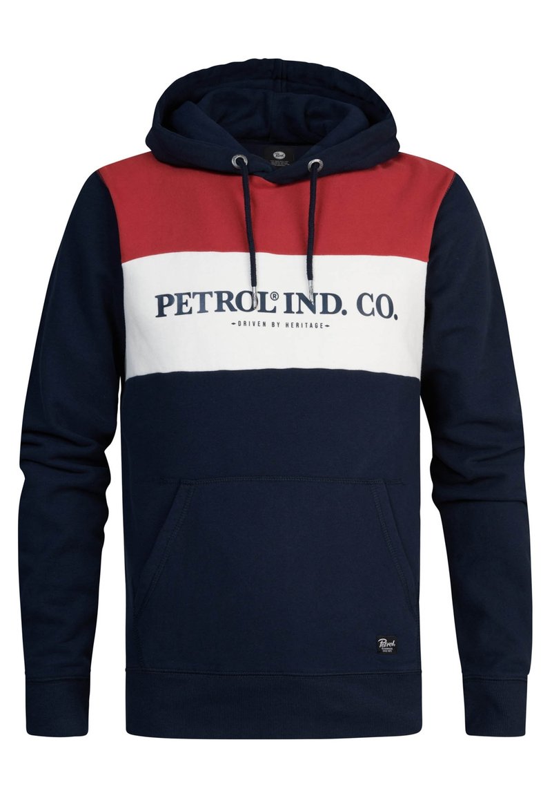 Felpa con cappuccio caratterizzata da un design a blocchi di colore in blu navy, rosso e bianco. Presenta una tasca frontale tipo kangaroo e un logo sul petto.