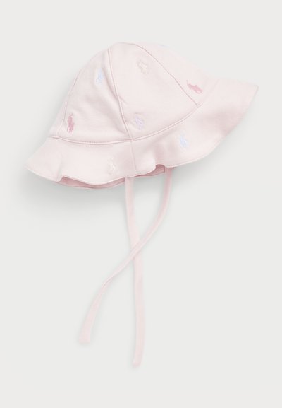 Ροζ βαμβακερό καπέλο μπケット με φινίρισμα πιτσιλωτό, διακοσμημένο με πολύχρωμα κεντημένα λογότυπα άλογου και ρυθμιζόμενους ιμάντες κάτω από το πηγούνι.