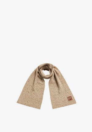 Beżowy dzianinowy szalik z teksturowanym wzorem, z małymi plamkami kontrastowych kolorów. Zawiera metkę z logo w dolnym rogu.