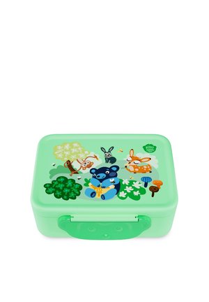 Green plastic lunchbox with cartoon animal illustrations, including a bear, rabbit, and monkey, surrounded by trees and flowers. Clear clasp closure.