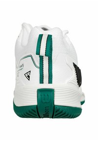 Weißer Sportschuh mit strukturiertem Mesh-Obermaterial, türkisfarbenen Akzenten und gestreiftem Ziehband. Verfügt über ein auffälliges Fersendesign und ein flexibles Sohlendesign.