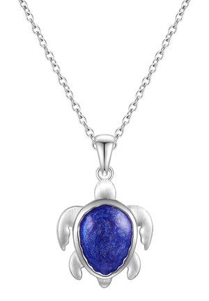 Silberne Schildkrötenanhänger-Halskette mit einer blauen Edelsteinschale, glatter Oberfläche und Kettenlink-Design.