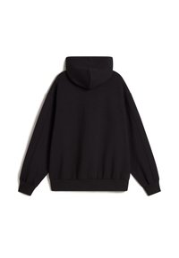 Sudadera negra con capucha, de ajuste holgado, puños y dobladillo de canalé, textura suave y sin logotipos ni estampados visibles. Se muestra la vista posterior.