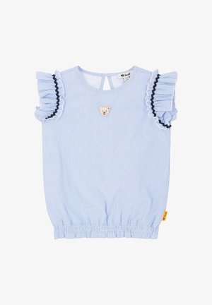 Top a maniche corte a righe in cotone blu e bianco, con maniche arricciate, una patch a forma di orsetto al centro e orlo elasticizzato per un look aderente.