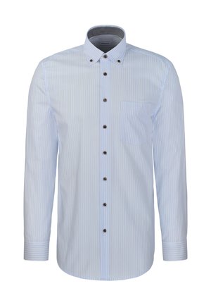 Chemise à manches longues rayée bleu clair et blanc avec boutons, col boutonné et poche poitrine.