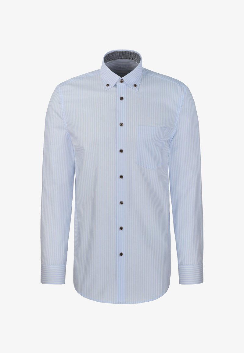 Chemise à manches longues rayée bleu clair et blanc avec boutons, col boutonné et poche poitrine.